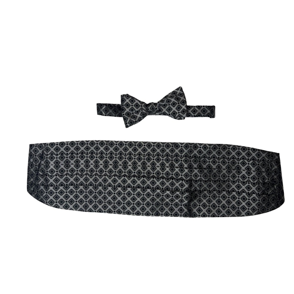 Robert Talbott Protocol‎ Pure Silk Cummerbund Bow Tie Set Geometric Black Silver